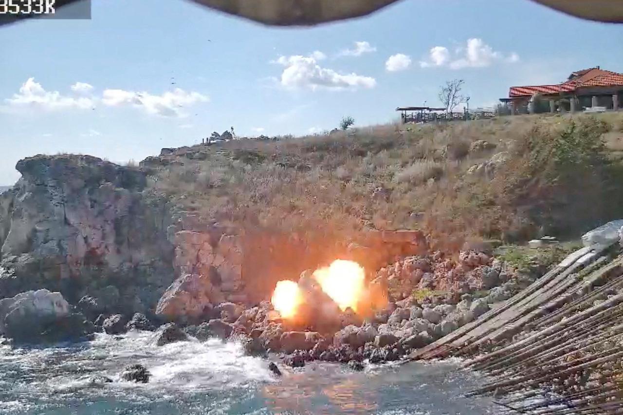 CCTV footage of a drone carrying explosives detonation on the Black Sea coast near the village of Tyulenovo