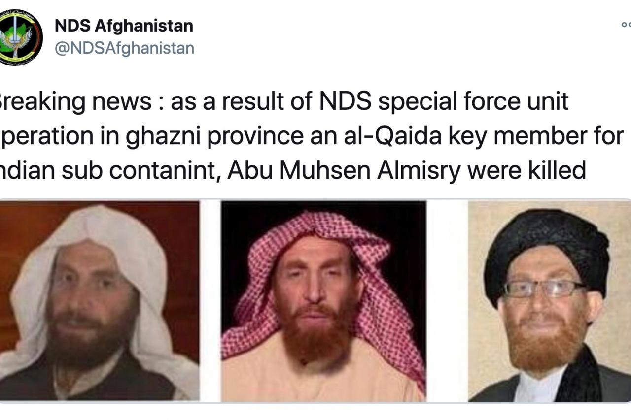 A tweet from NDS Afghanistan saying that they have killed Abu Muhsin Al-Masri in operations, accompanied by three profile photos of Al-Masri, is seen on NDS Afghanistan's Twitter account