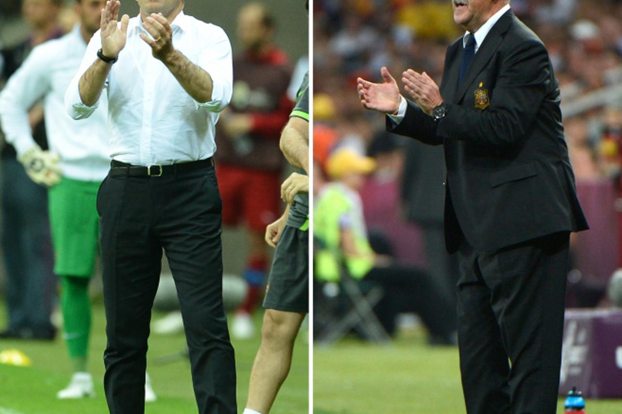 'Combination made on June 25, 2012 during the Euro 2012 football championships shows Spanish headcoach Vicente Del Bosque on June 23, 2012 at the Donbass Arena in Donetsk and Portuguese headcoach Paul