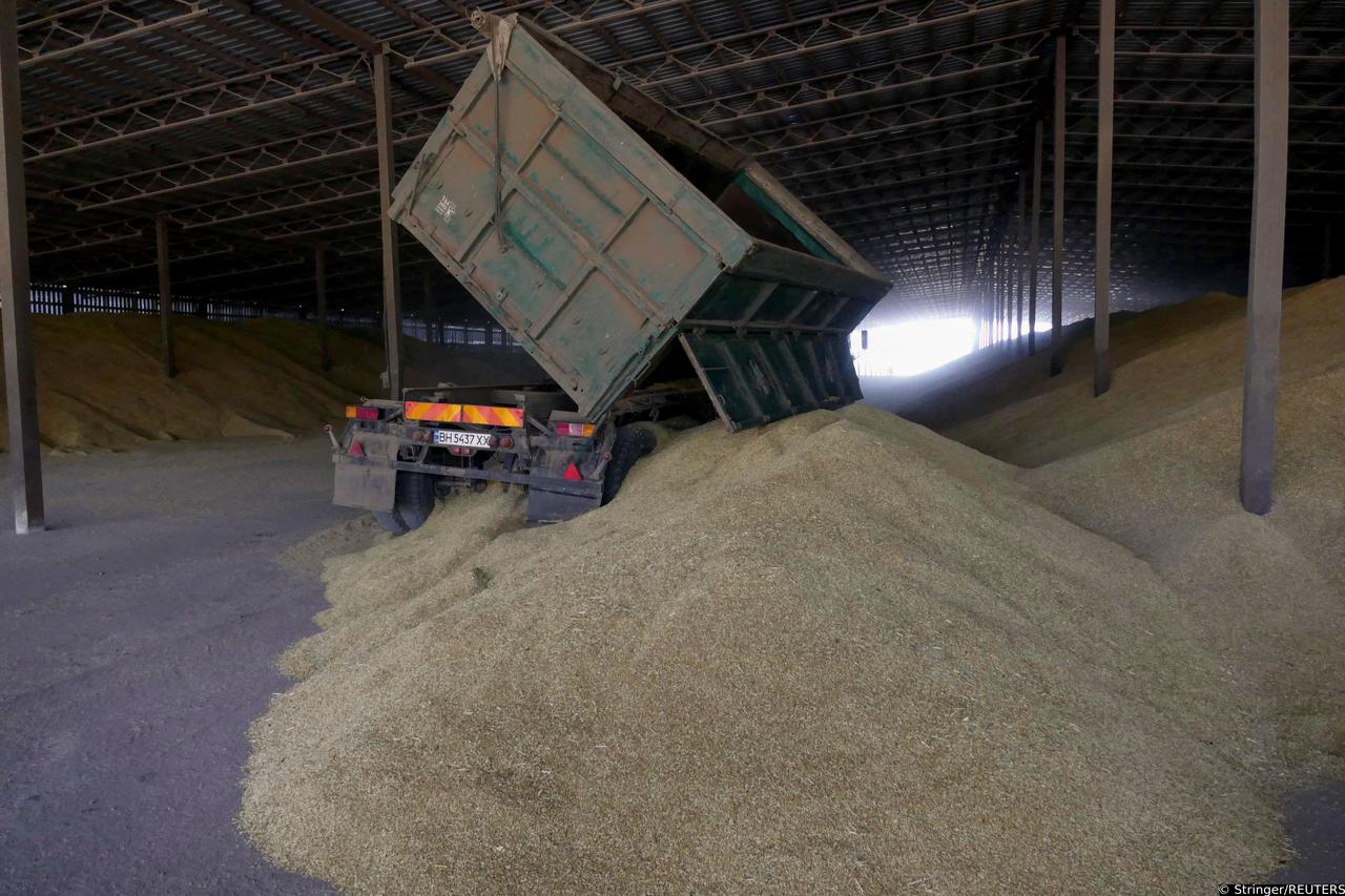 FILE PHOTO: A truck driver unloads barley grain to a storage in Odesa Region