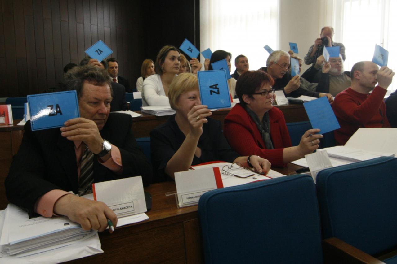 '15.03.2010., Koprivnica - Helga Jug (bijela majica, drugi red), SDP-ova clanica Zupanijske skupstine Koprivnicko-krizevacke zupanije koja je glasovala za prijedlog proracuna vladajuce koalicije HSS-a