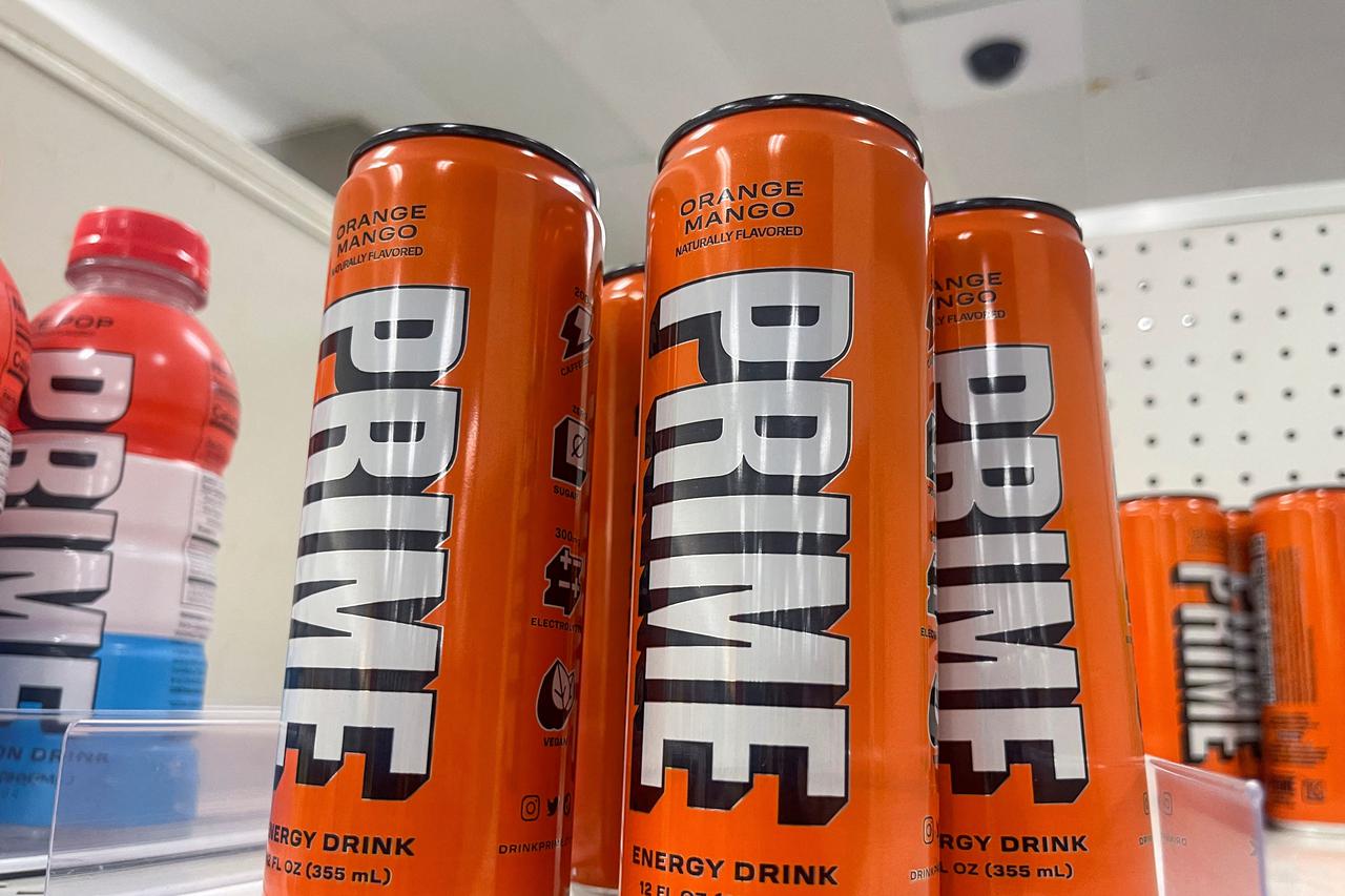 Prime energy drink cans sit on a shelf at Target in Brooklyn, New York