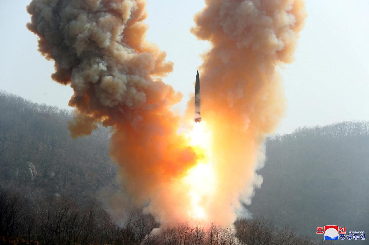 FILE PHOTO: View shows missile fired by North Korean military