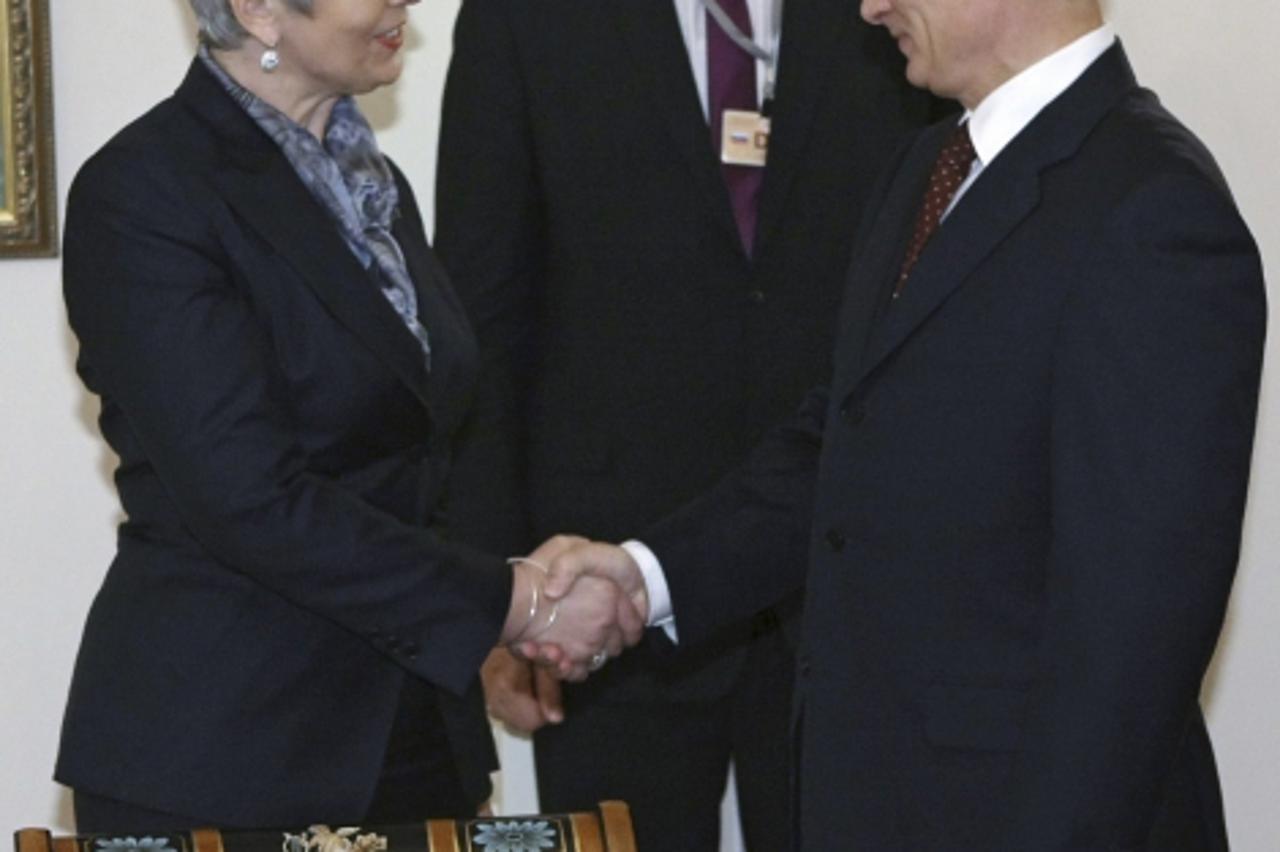 'Russia\'s Prime Minister Vladimir Putin (R) shakes hands with his Croatian counterpart Jadranka Kosor (L) during their meeting in Novo-Ogaryovo residence outside Moscow, June 19, 2010.  REUTERS/RIA N