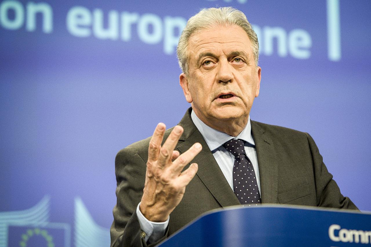 Dimitris Avramopoulos , EU commissioner for Migration and home affairs in Brussels, Belgium on 10.02.2016 Avraopoulos delivered remarks on the implementation of priority actions within the scope of an European Agenda on Migration