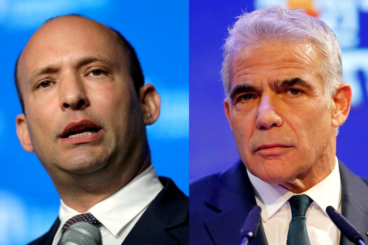 FILE PHOTO: A combination of file photos shows Naftali Bennett in Jerusalem and Yair Lapid in Tel Aviv