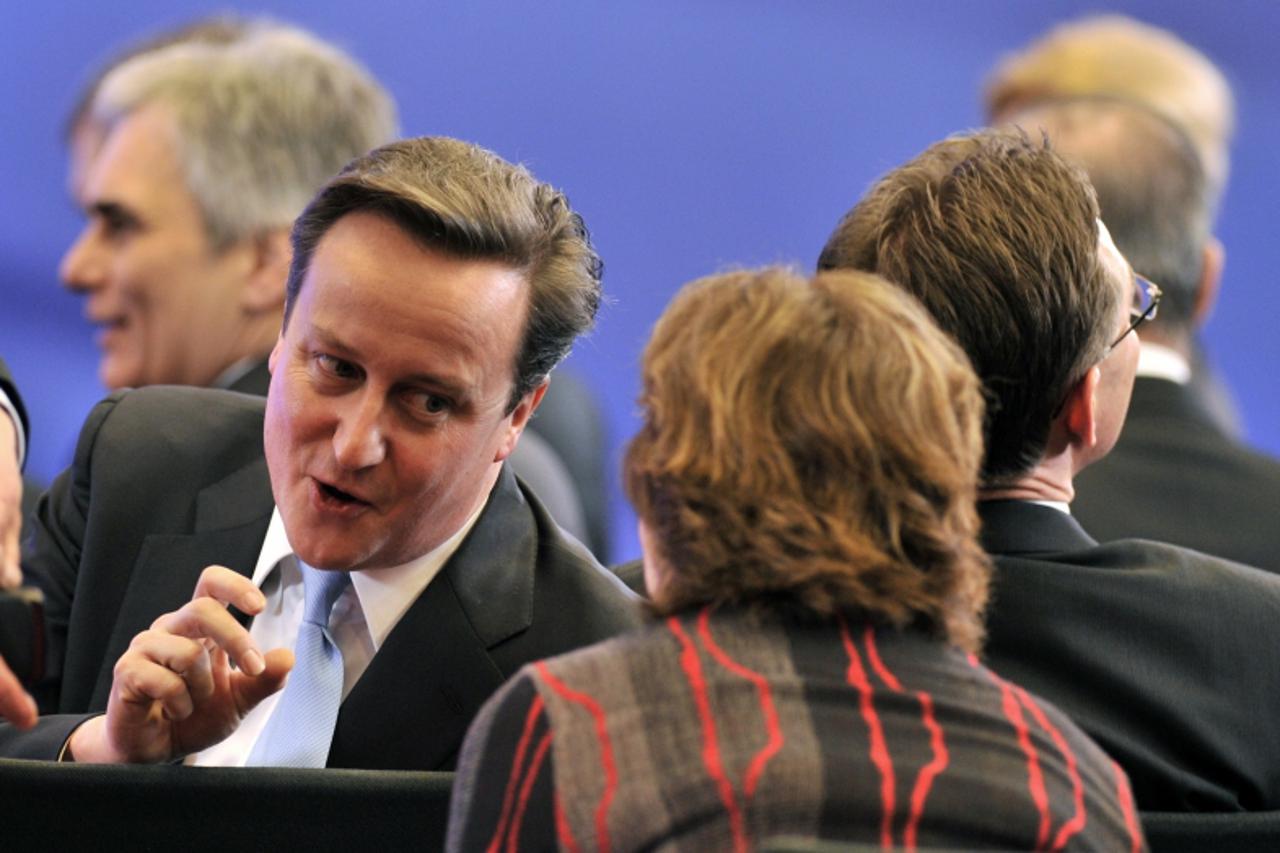 \'Britain Prime Minister David Cameron speaks with EU foreign policy chief Catherine Ashton before the signing of Croatia\'s EU accession treaty, on the sidelines of an European Union summit at the EU