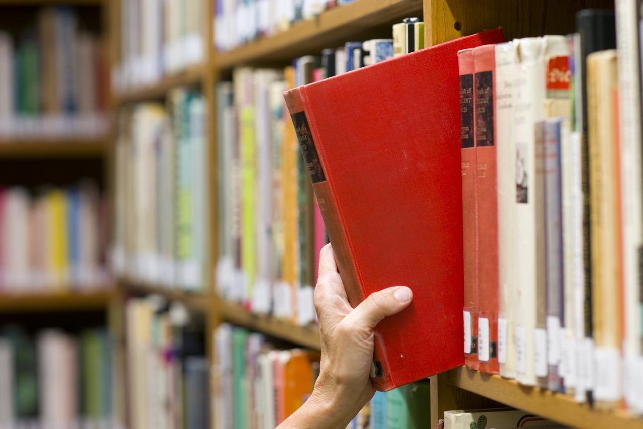 Picking Book Woman's Hand Pulls Red Textbook from Library Shelf
