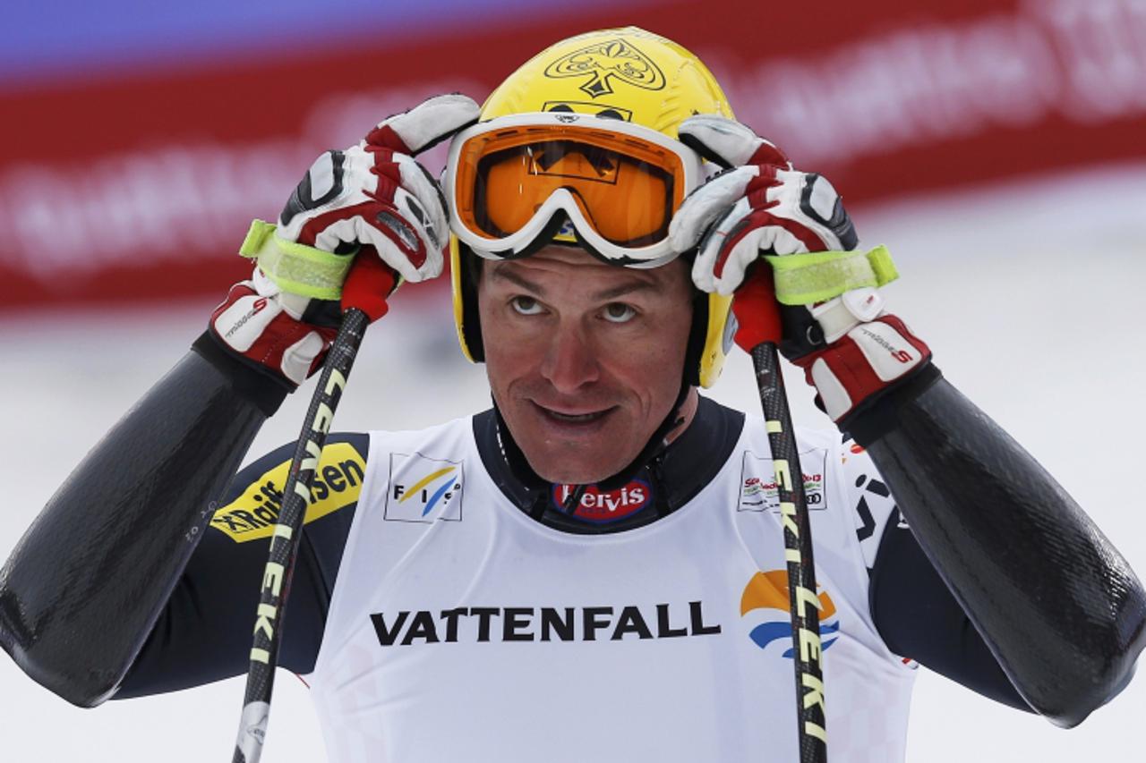 'Ivica Kostelic of Croatia looks on after his men\'s Super G race at the World Alpine Skiing Championships in Schladming February 6, 2013.       REUTERS/Leonhard Foeger (AUSTRIA  - Tags: SPORT SKIING)
