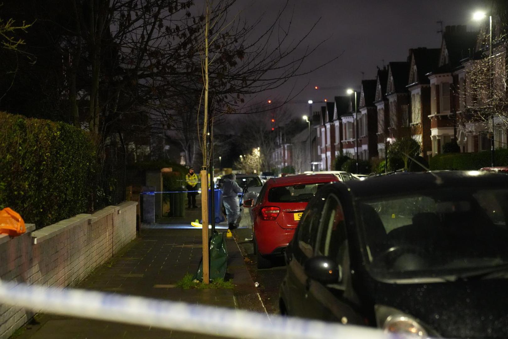 Police at the scene in Lessar Avenue near Clapham Common, south London, where a woman and her two young children have been taken to hospital after a man threw a suspected corrosive substance on Wednesday evening. Three other members of the public were also taken to hospital with injuries thought to have been suffered as they came to the aid of the woman and her children. Picture date: Thursday February 1, 2024. Photo: James Weech/PRESS ASSOCIATION