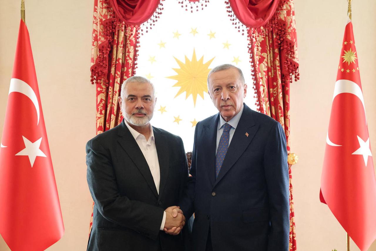 Turkish President Erdogan meets with Ismail Haniyeh, leader of the Palestinian Islamist group Hamas, in Istanbul