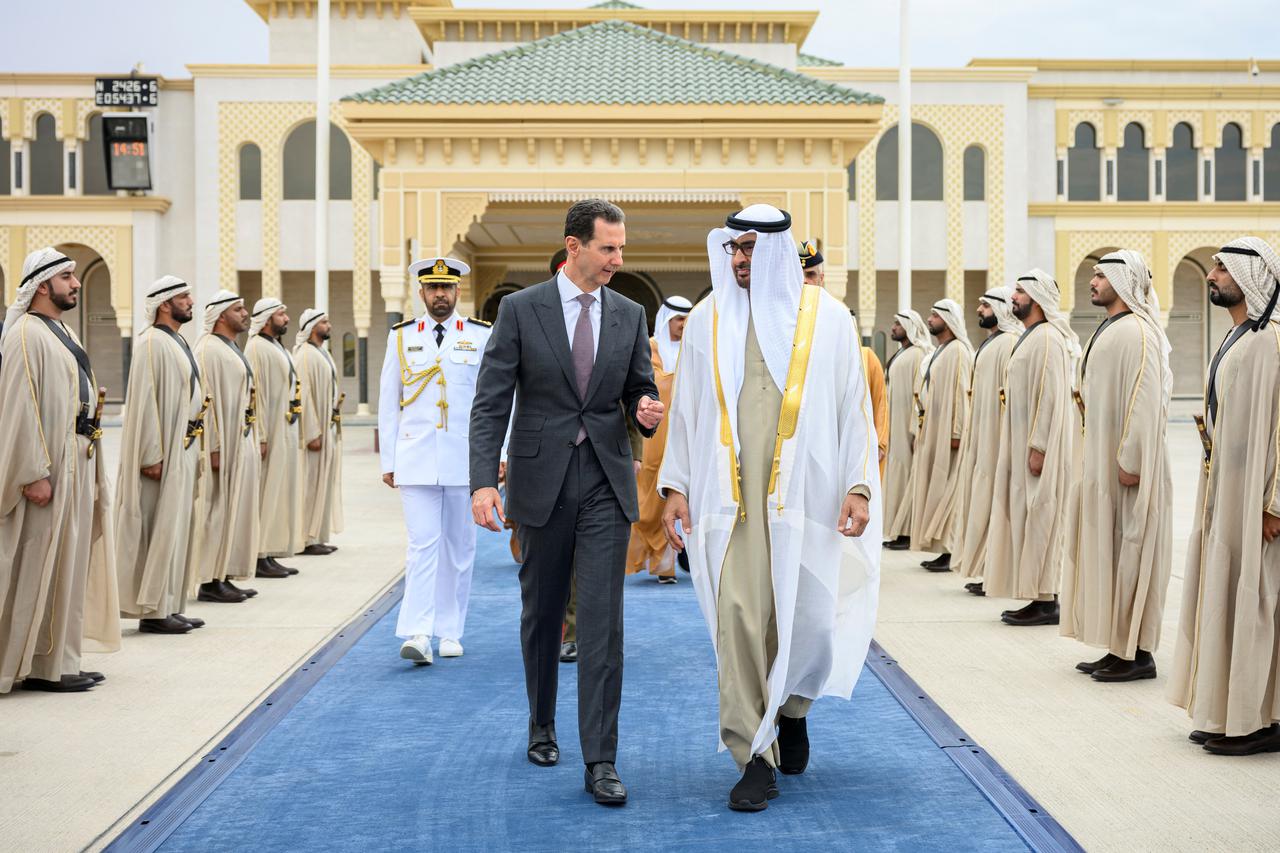 Sheikh Mohamed bin Zayed Al Nahyan, President of the United Arab Emirates, bids farewell to Bashar Al Assad, President of Syria, at the Presidential Airport in Abu Dhabi, United Arab Emirates March 19, 2023.