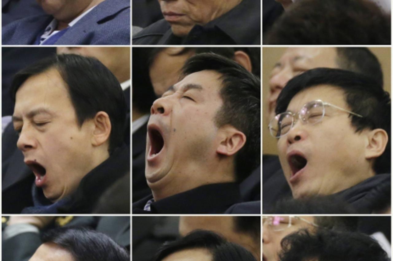 'A combination photograph shows delegates of the Chinese People's Political Consultative Conference (CPPCC) yawning and sleeping in the gallery as China's Premier Wen Jiabao (not pictured) delivers 
