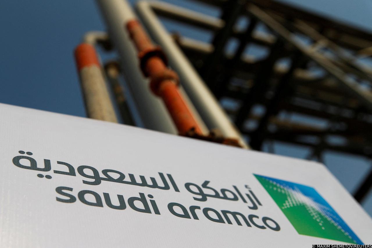 FILE PHOTO: Saudi Aramco logo is pictured at the oil facility in Abqaiq