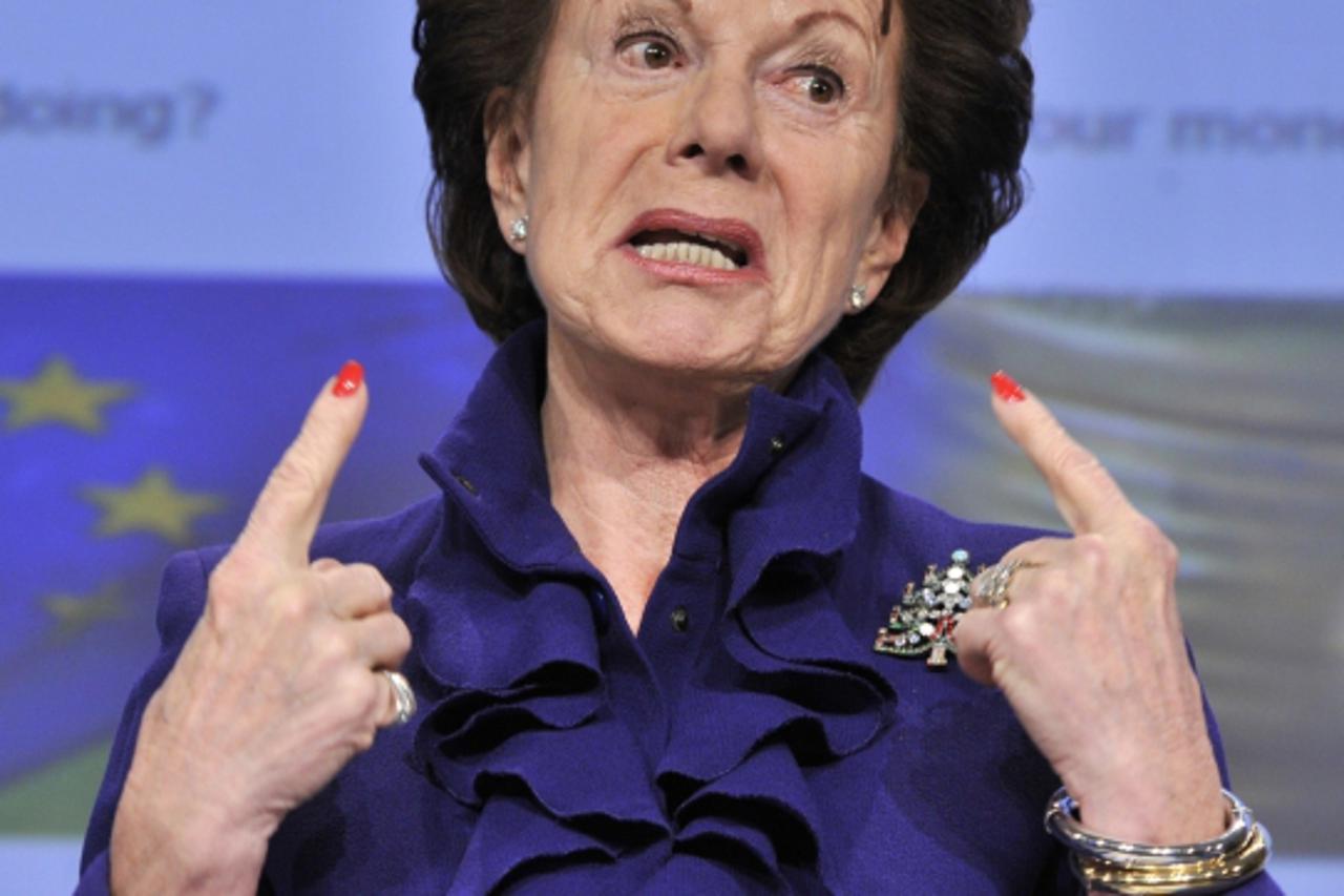 \'EU commissioner for Digital Agenda Neelie Kroes gestures during her press conference on Open Data Strategy for Europe on December 12, 2011 at the European Headquarters in Brussels. AFP PHOTO GEORGES