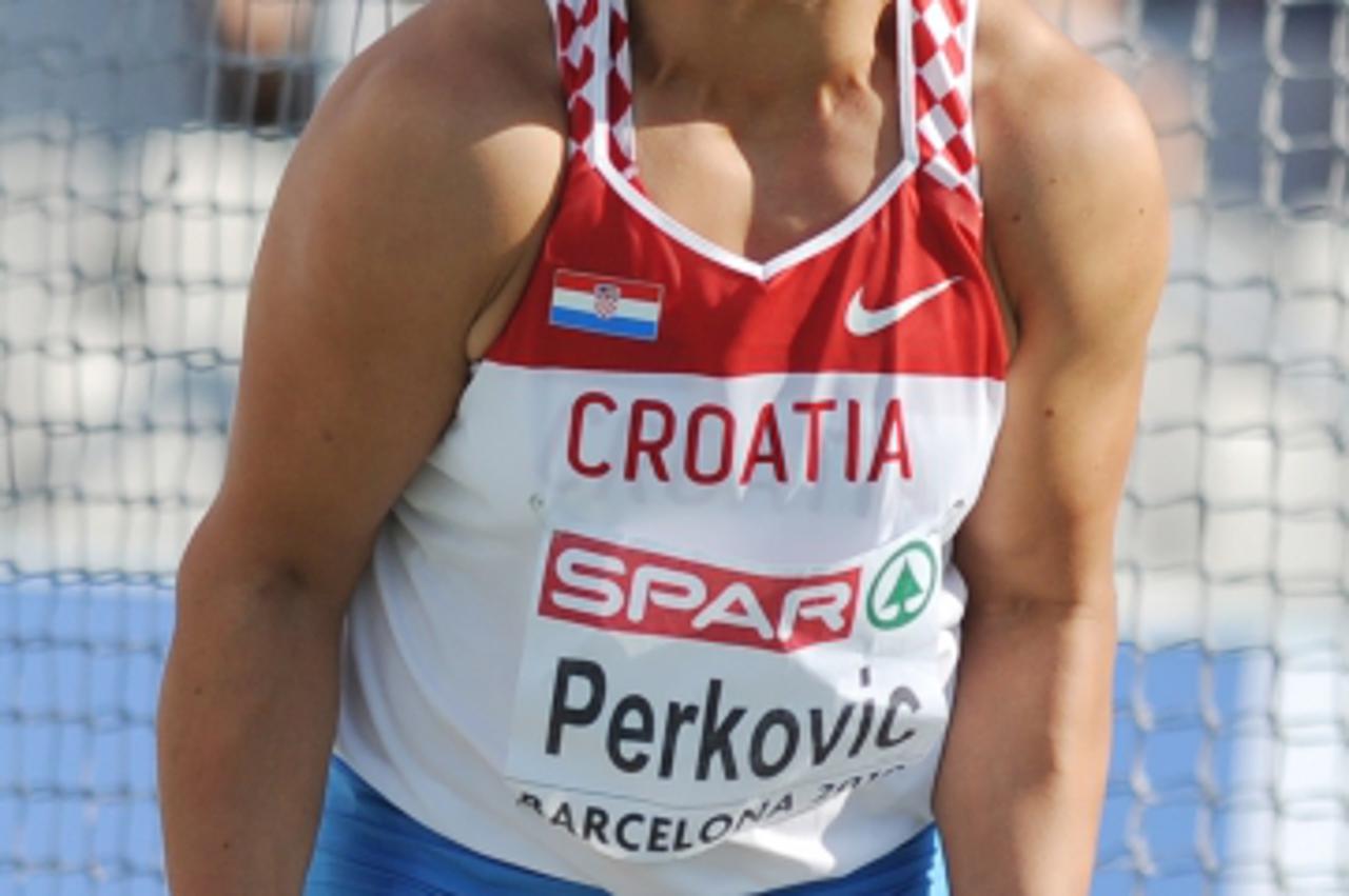 'Leichtathletik-Europameisterschaften Diskuswurf Frauen Finale am Mittwoch(28.07.2010) im Olympiastadion in Barcelona in Spanien. Die kroatische Sportlerin Sandra Perkovic schreit nach einem Wurf. Sie