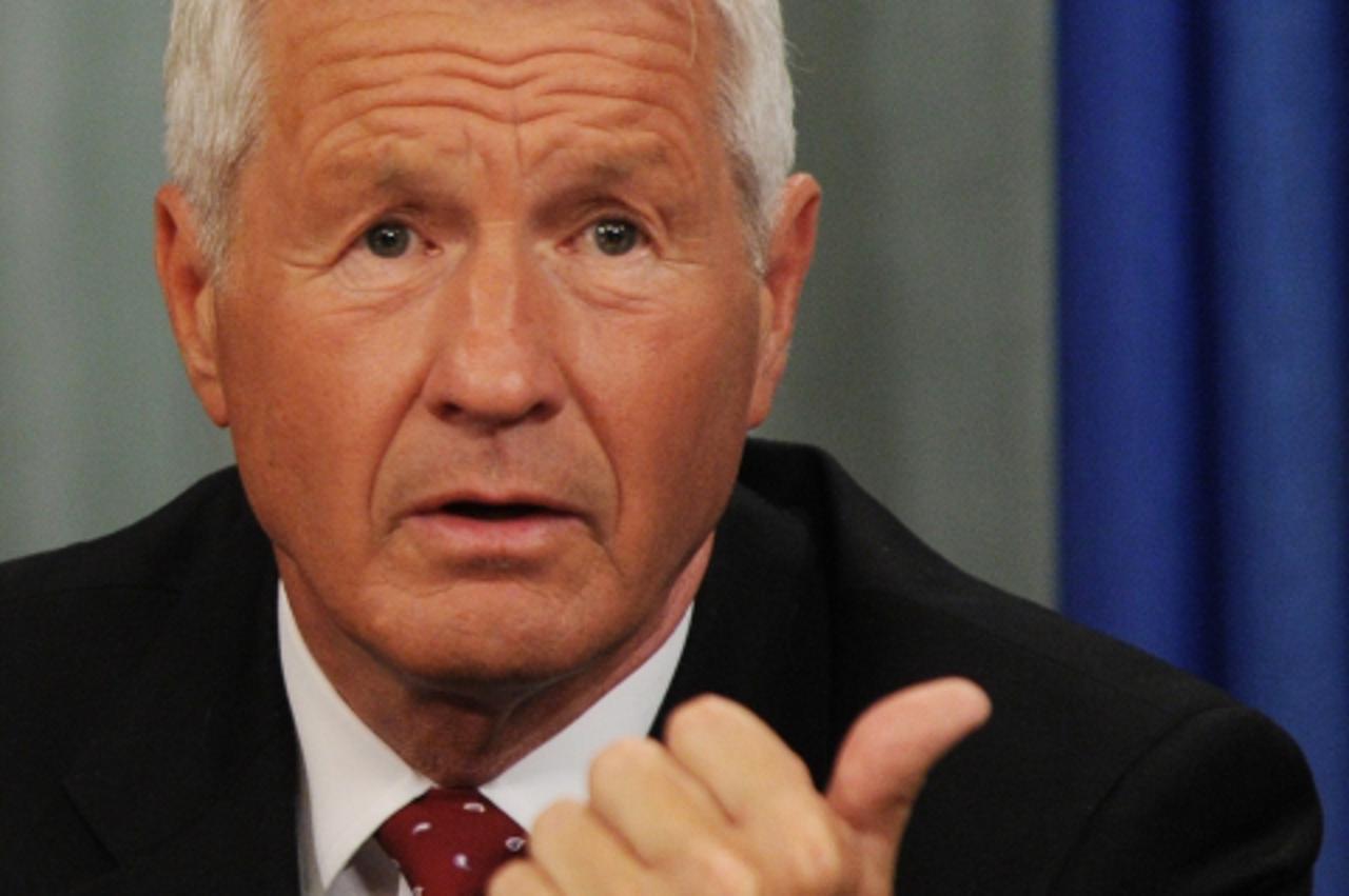 \'The secretary-general of the Council of Europe, Thorbjorn Jagland, gives a press conference with Russian Foreign Minister Sergey Lavrov (not pictured) in Moscow on May 17, 2011. AFP PHOTO / NATALIA 