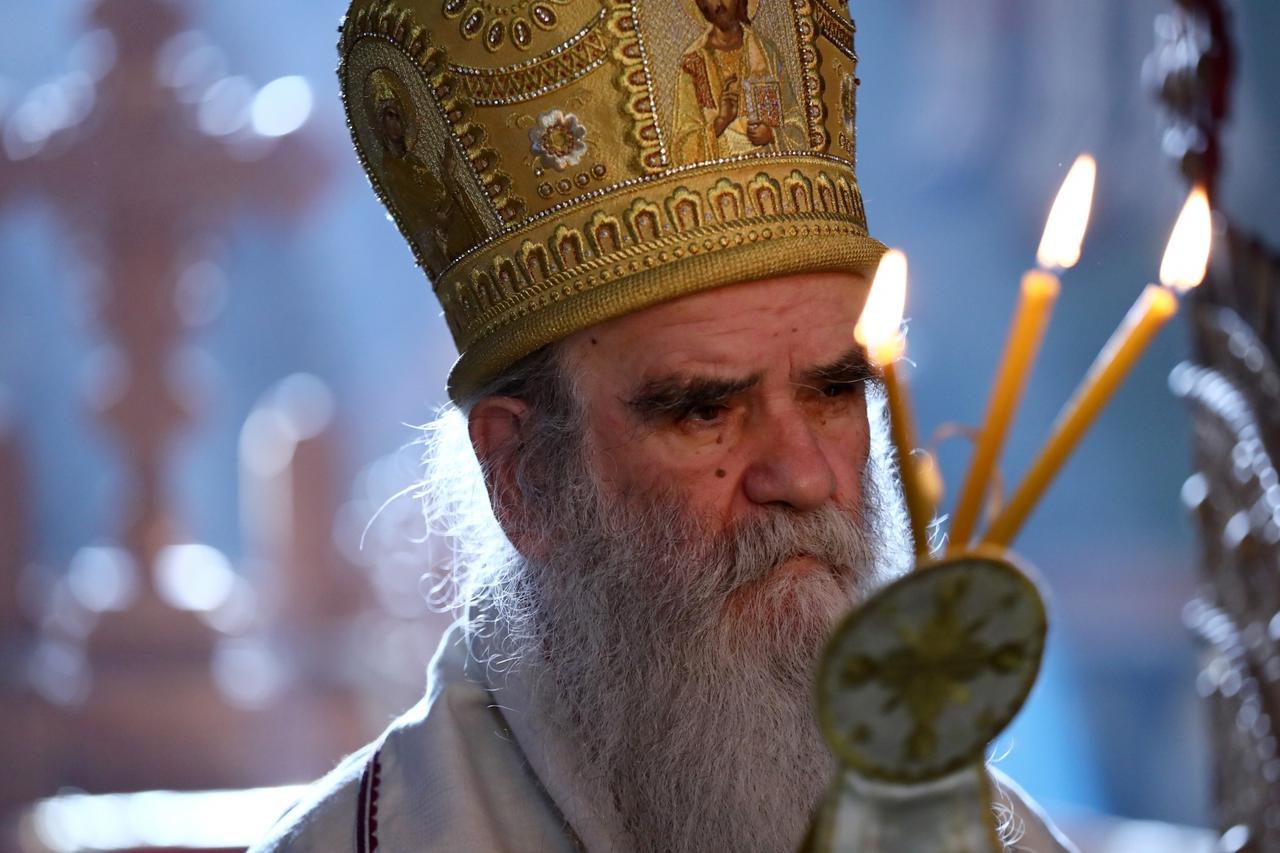 Metropolitan Amfilohije, the church's top cleric in Montenegro prays in Serbian Orthodox Moraca Monastery