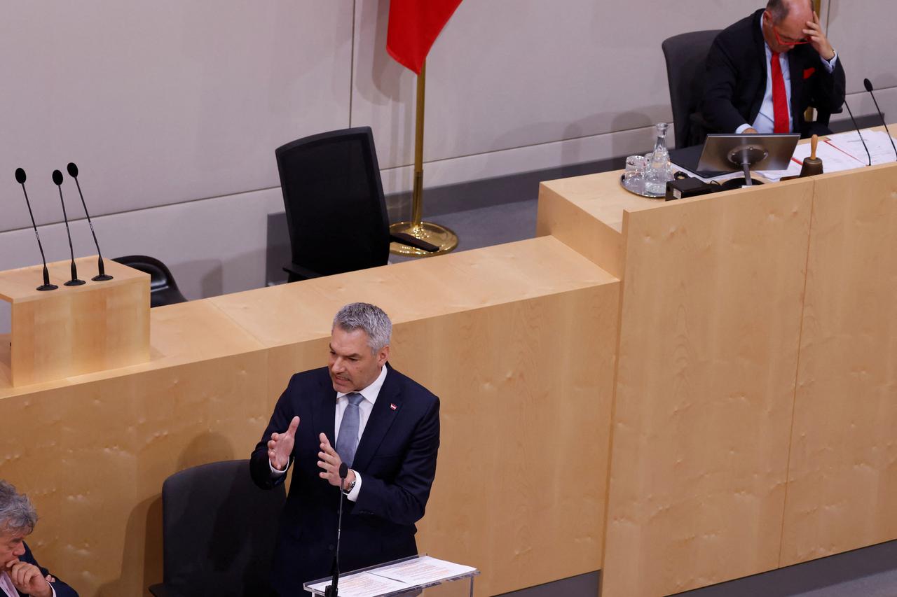 Austrian Chancellor Nehammer delivers a speech in the Parliament in Vienna
