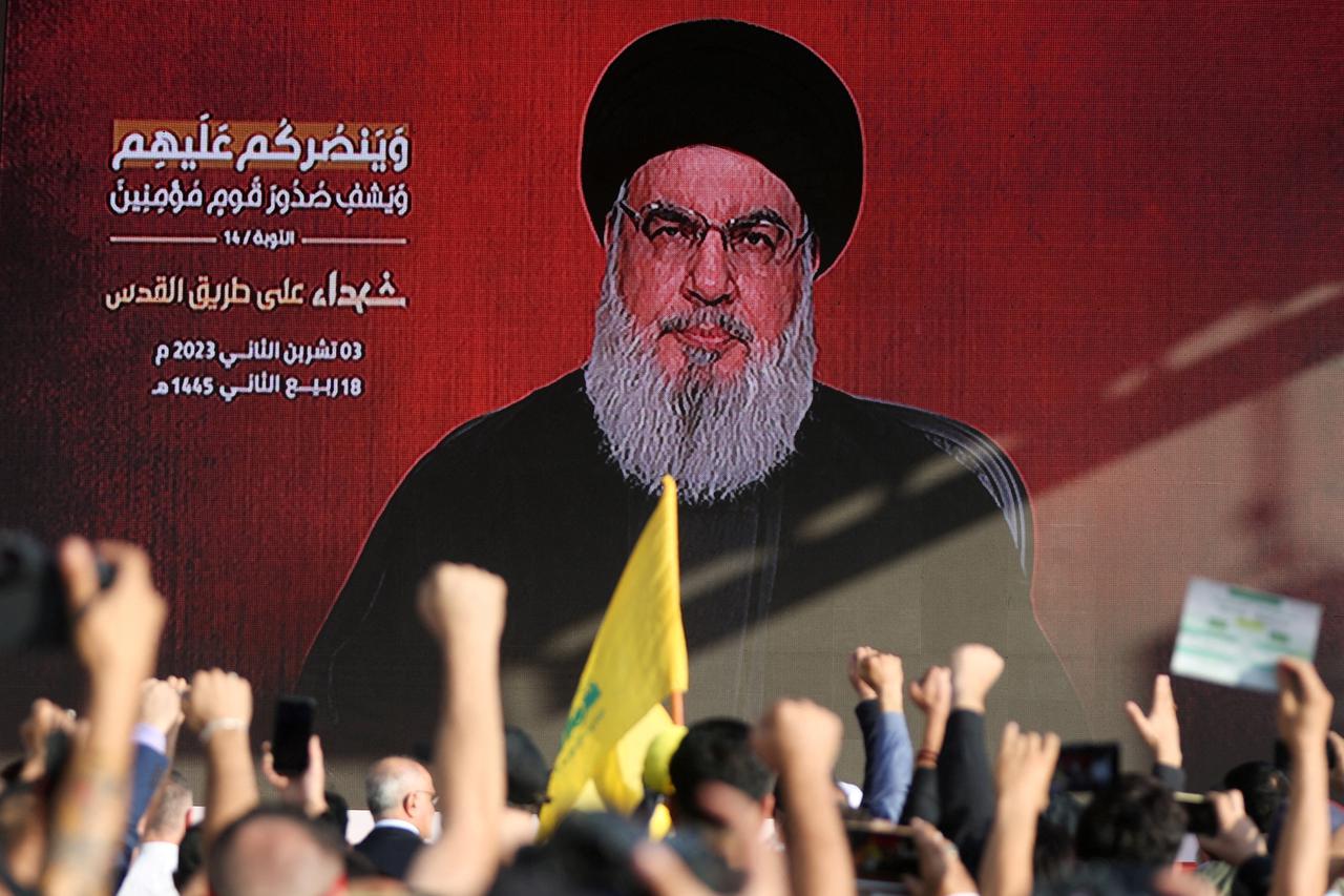 Lebanon's Hezbollah leader Sayyed Hassan Nasrallah addresses his supporters, in Beirut