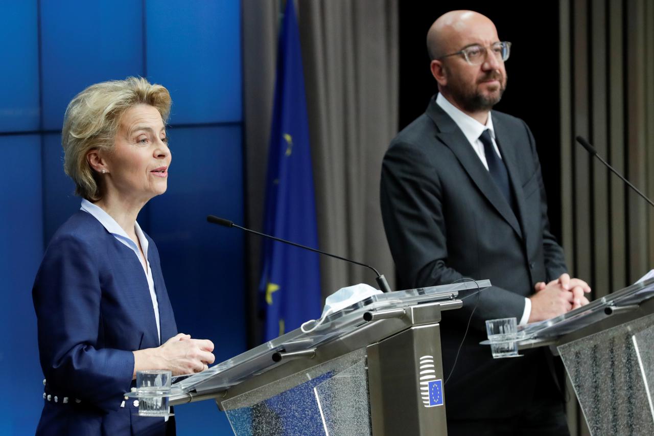 European Commission President Ursula Von Der Leyen and European Council President Charles Michel attend a news conference following European summit in video conference format, in Brussels