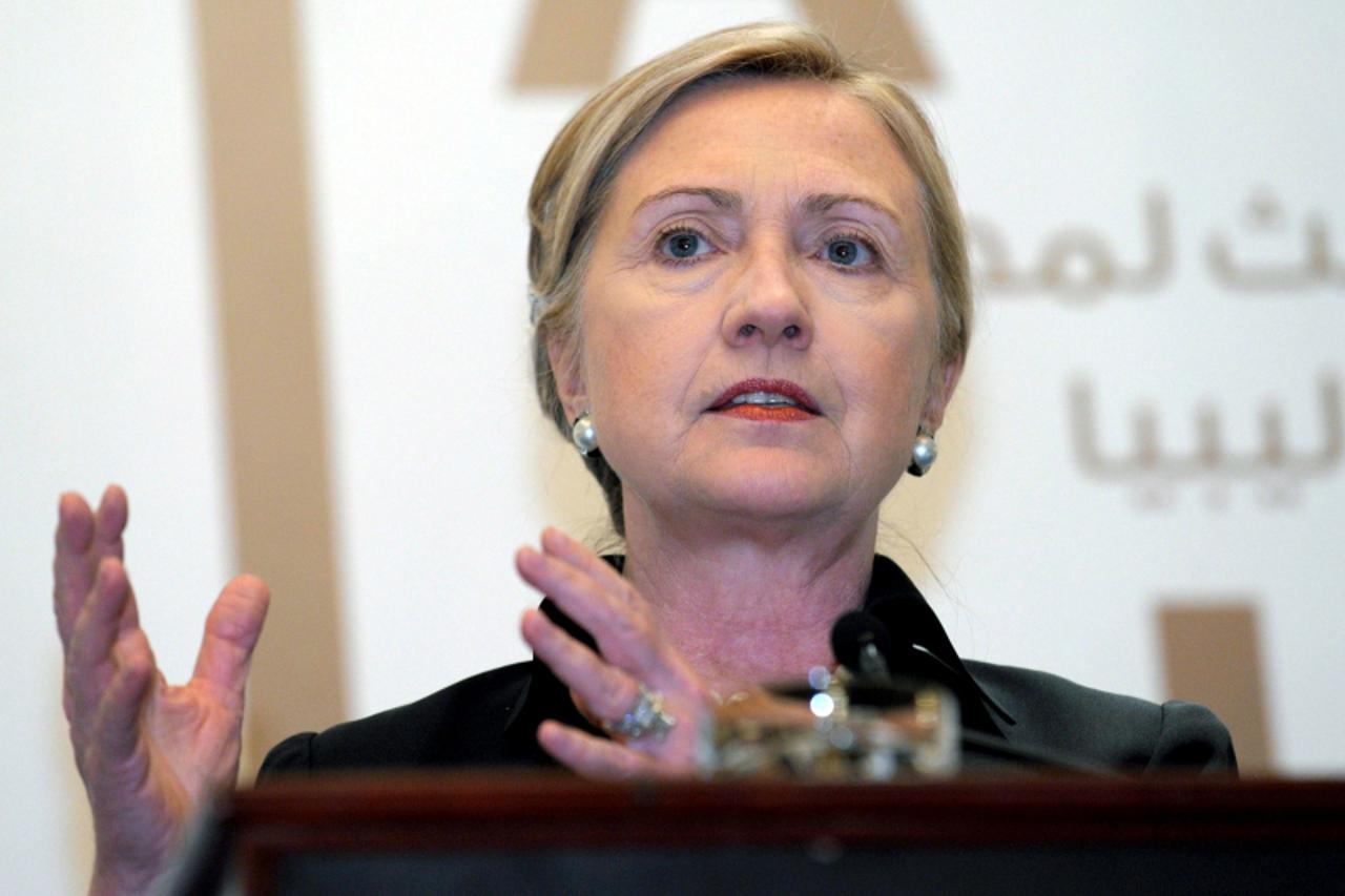 'US Secretary of State Hillary Clinton speaks during a press conference at the end of the third meeting of the International contact group on Libya on June 9, 2011 in the Emirati capital of Abu Dhabi.