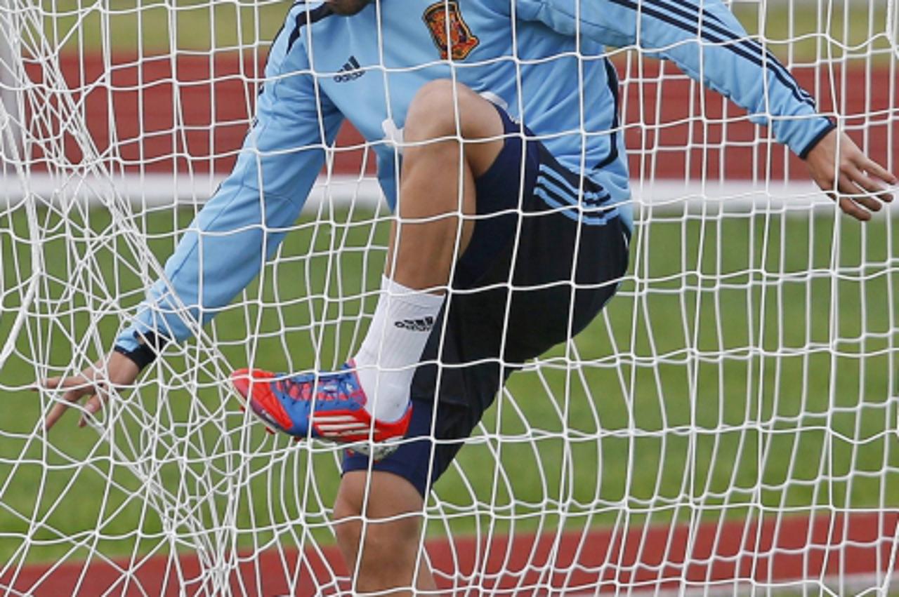'Spain\'s national soccer player Alvaro Negredo gets himself tangled in the netting during a training session for the Euro 2012 in Gniewino June 20, 2012.  REUTERS/Juan Medina (POLAND  - Tags: SPORT S