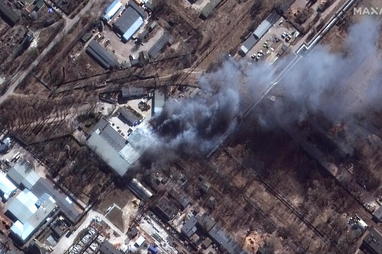 A satellite image shows a close up view of fires in an industrial area, in southern Chernihiv
