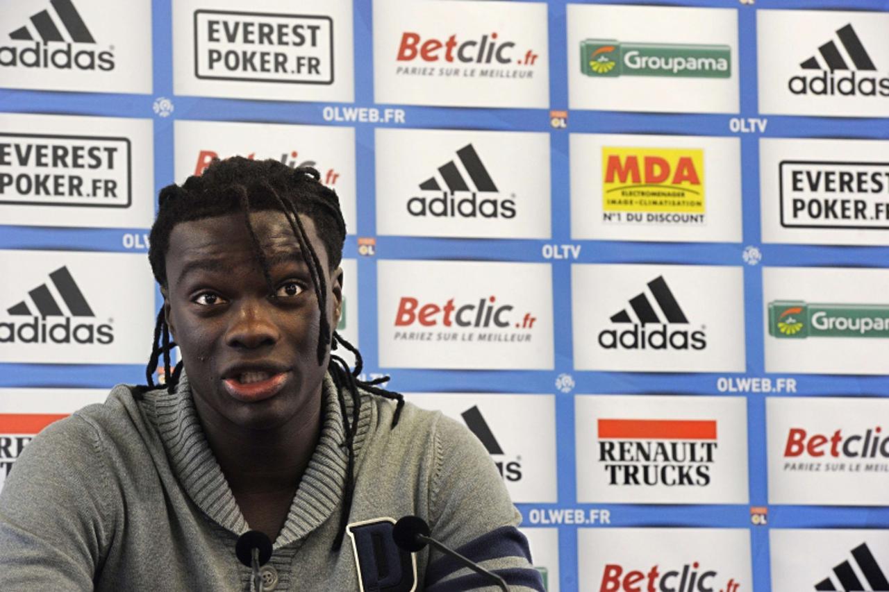 'Lyon\'s French forward Bafetimbi Gomis speaks during a press conference on December 9, 2011 in Lyon, southeastern France.  A probe into Lyon\'s shock 7-1 Champions League win over Dinamo Zagreb has n