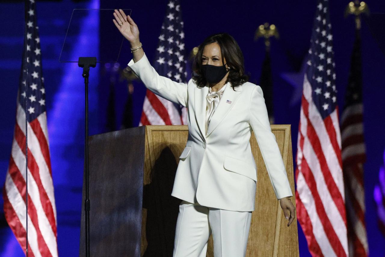 Democratic 2020 U.S. vice presidential nominee Kamala Harris speaks at their election rally in Wilmington