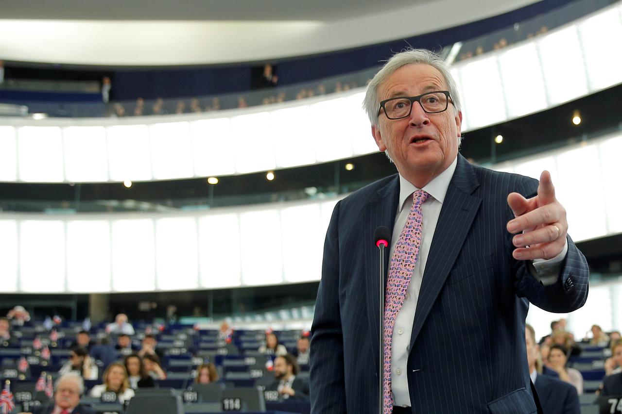 European Commission President Jean-Claude Juncker delivers a speech during a debate on the future of the E.U. to mark the upcoming 60th anniversary of the Treaty of Rome at the European Parliament in Strasbourg, France, March 15, 2017.      REUTERS/Vincen