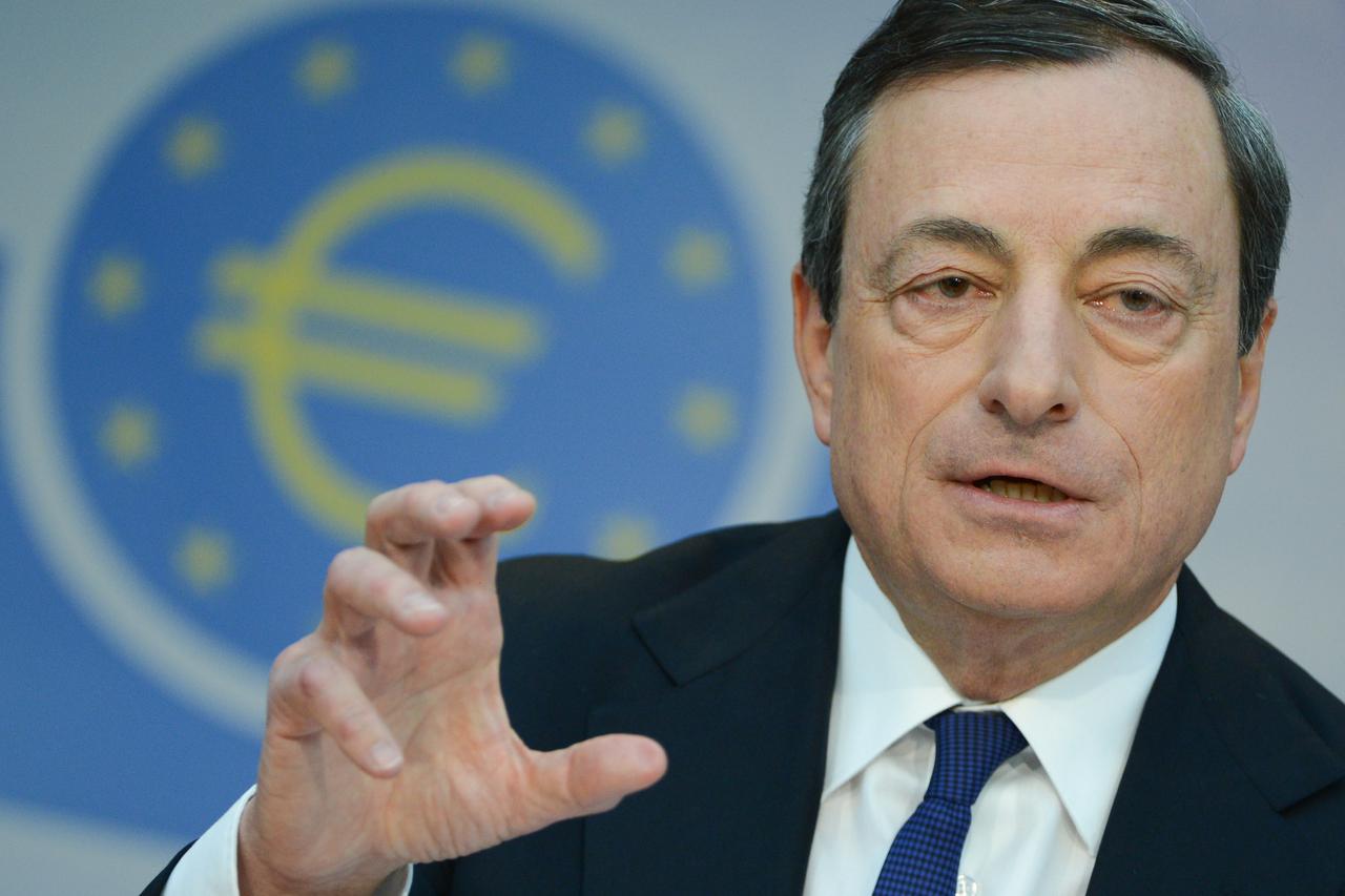Mario Draghi speaks at the ECB press conference in Frankfurt Main, Germany, 03 April 2014. The base interest rate remains at a record low of 0.25 per cent in the EU. Photo: Arne Dedert/dpa/DPA/PIXSELL