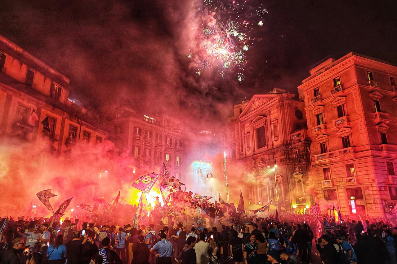 Fans of the SSC Napoli soccer team during the celebrations for the victory of the Italian soccer championship. Napoli supporters have been waiting for this championship victory for 33 years