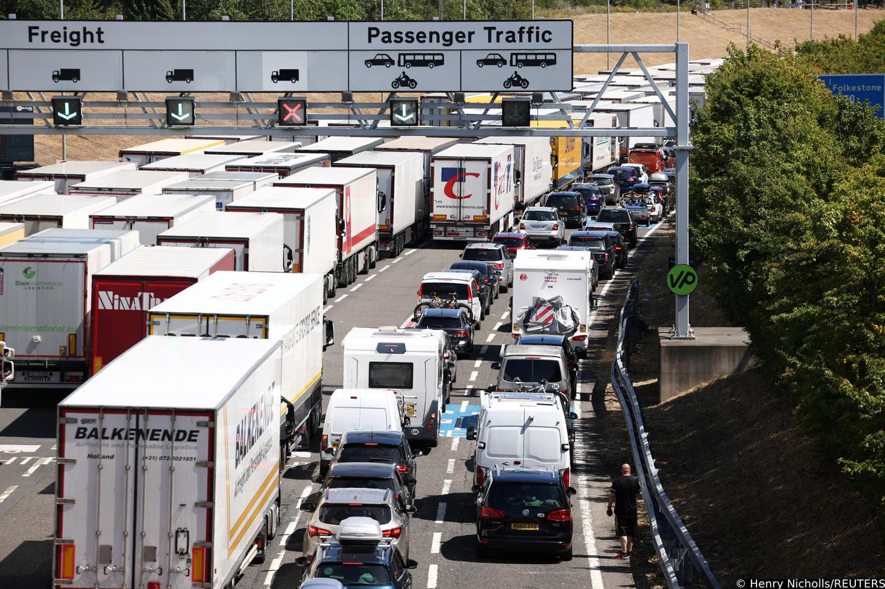 Vehicles queue to enter the Eurotunnel terminal in Folkestone