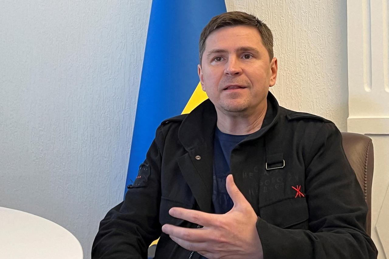 FILE PHOTO: Mykhailo Podolyak, a political adviser to Ukraine President Volodymyr Zelenskiy, speaks during an interview with Reuters