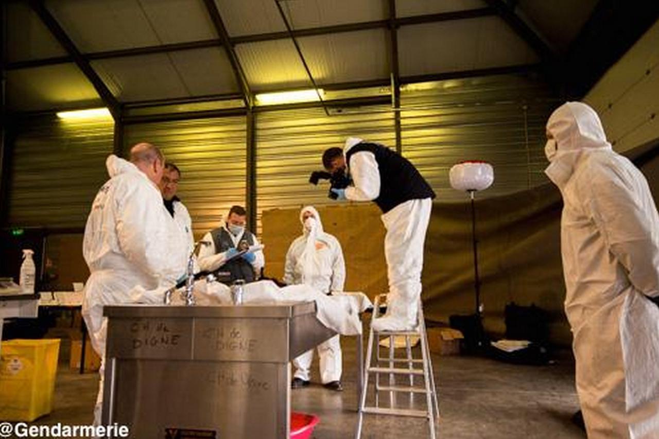 A handout photo taken on March 26, 2015 in Seyne-les-Alpes and released by the French Gendarmerie Nationale, shows forensic experts of the French gendarmerie disaster victim identification unit (UGIVC) working near the site of the March 24 crash of a Germ