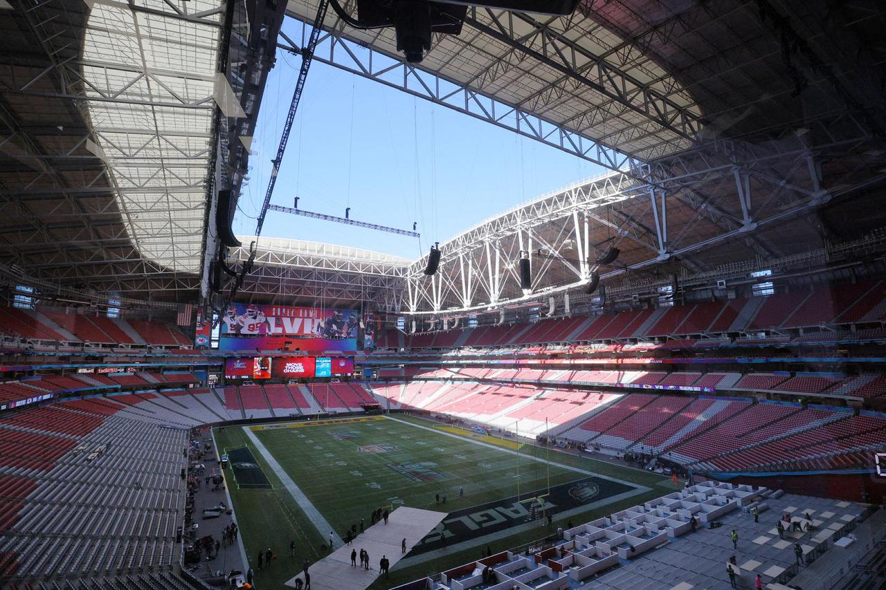 FILE PHOTO: Crews prepare the field for Super Bowl LVII in Glendale