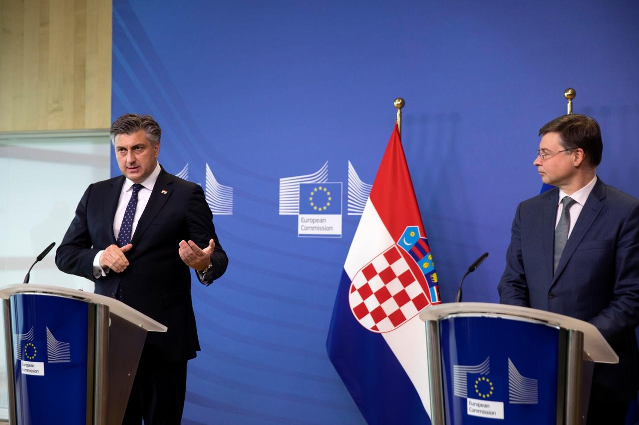 European Commission Vice-President Dombrovskis and Croatian PM Plenkovic give a press statement after a meeting, in Brussels