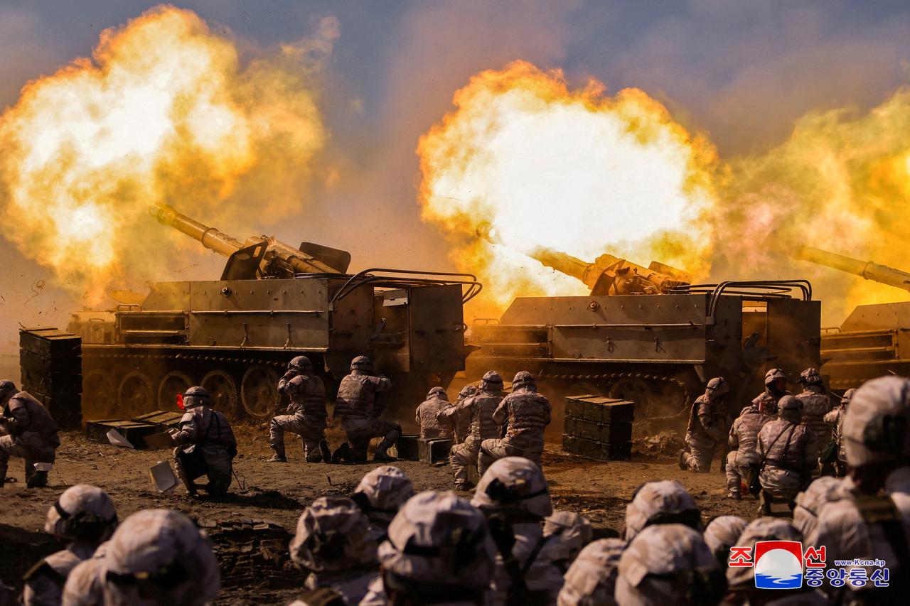 The Korean People's Army conducts an artillery firing drill