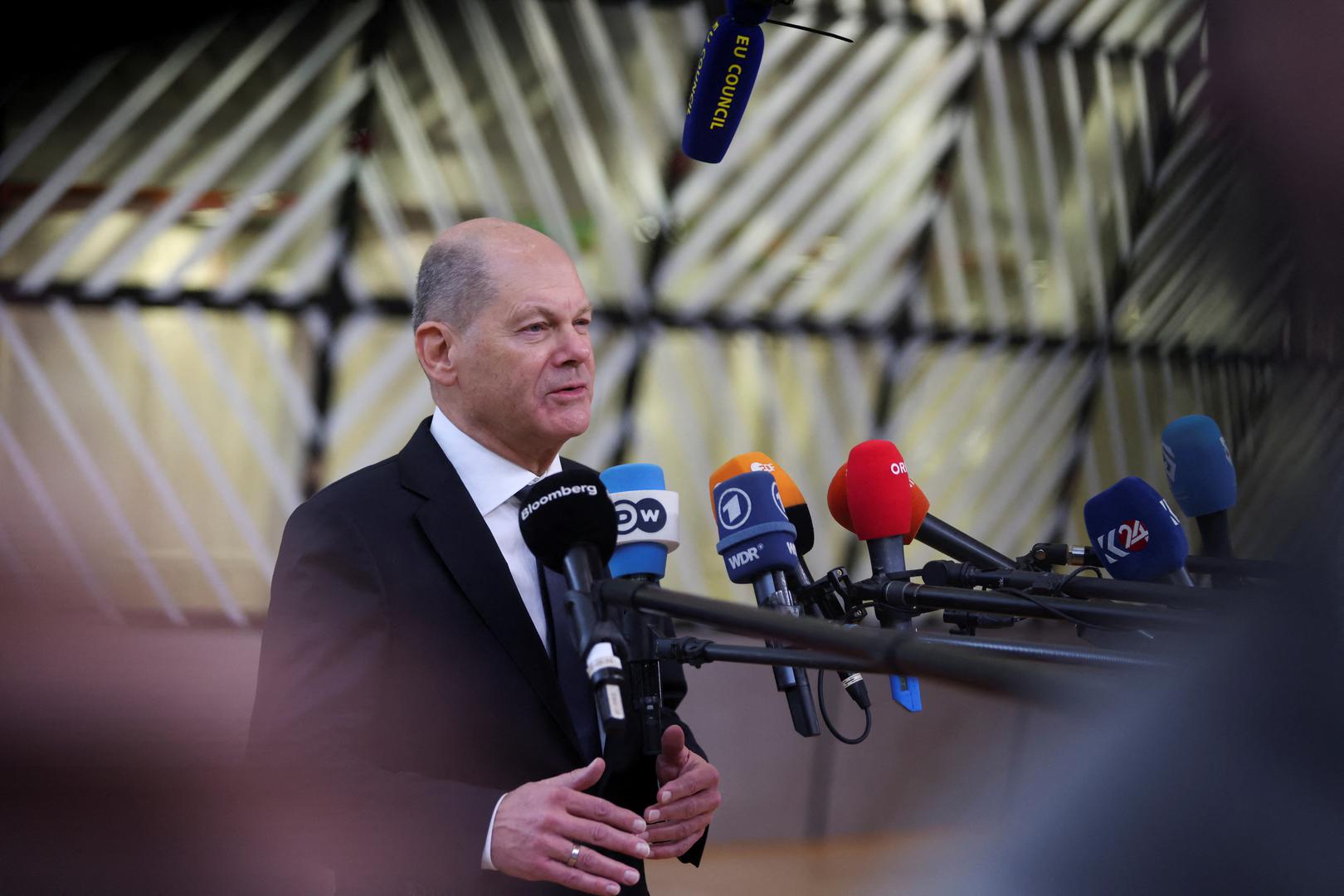 German Chancellor Olaf Scholz speaks to the press as he attends a European Union summit in Brussels, Belgium February 1, 2024. REUTERS/Johanna Geron Photo: JOHANNA GERON/REUTERS