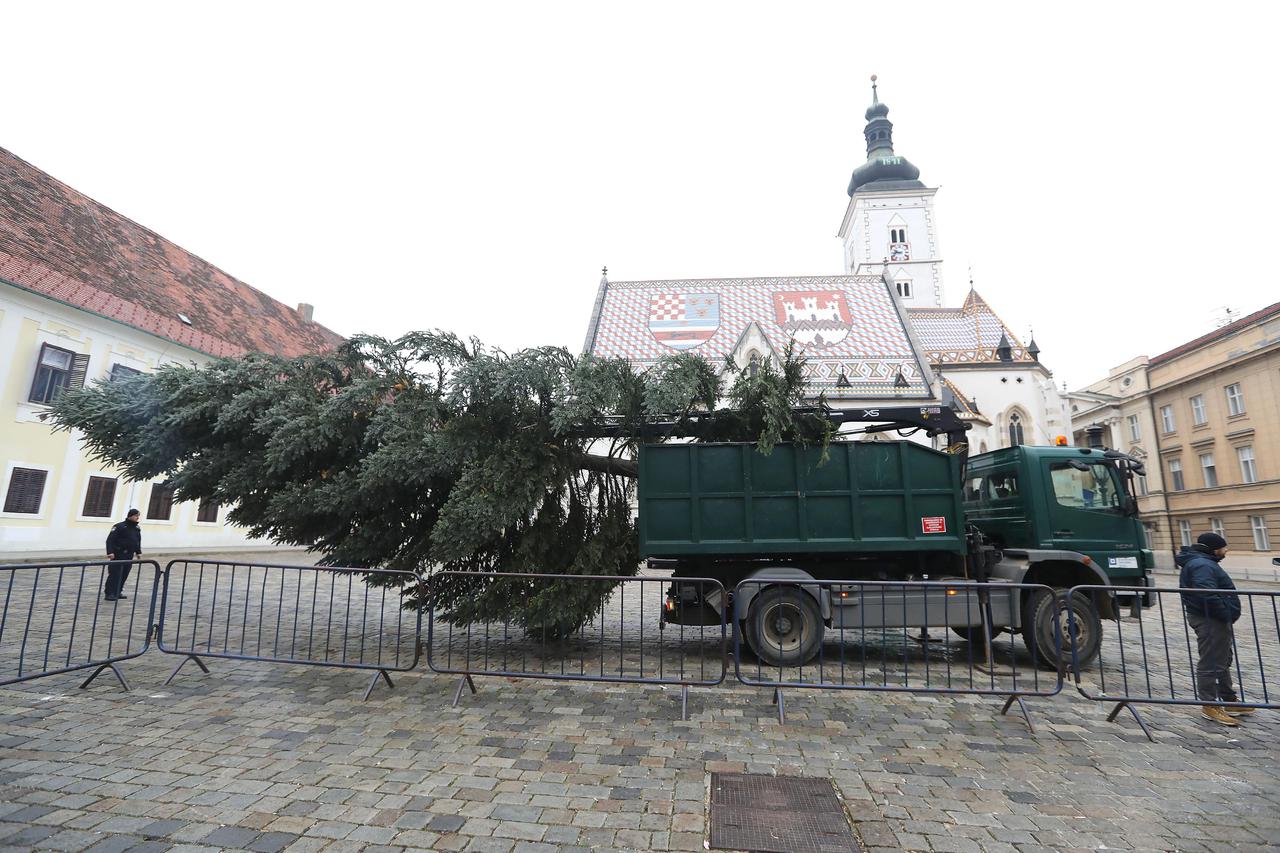 Zagreb: Radnici Zrinjevca postavili su bor na Trg svetog Marka