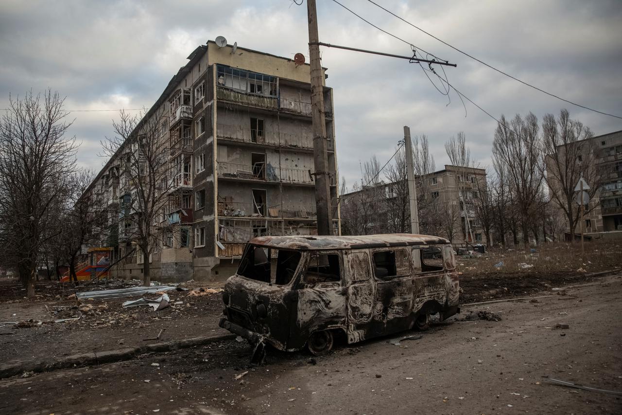 A general view shows an empty street and buildings damaged by a Russian military strike in Bakhmut
