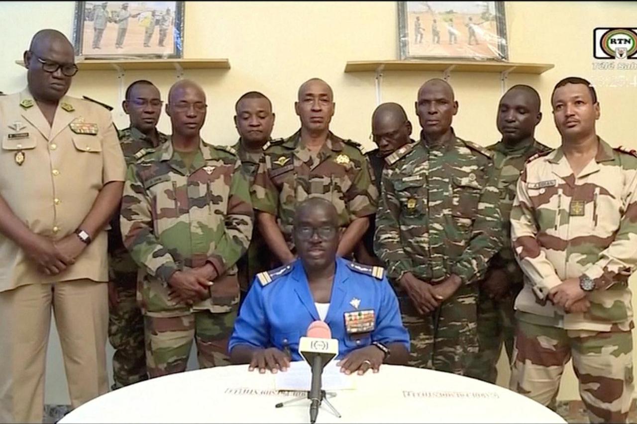 Niger Army spokesman Colonel Major Amadou Adramane speaks during an appearance on national television