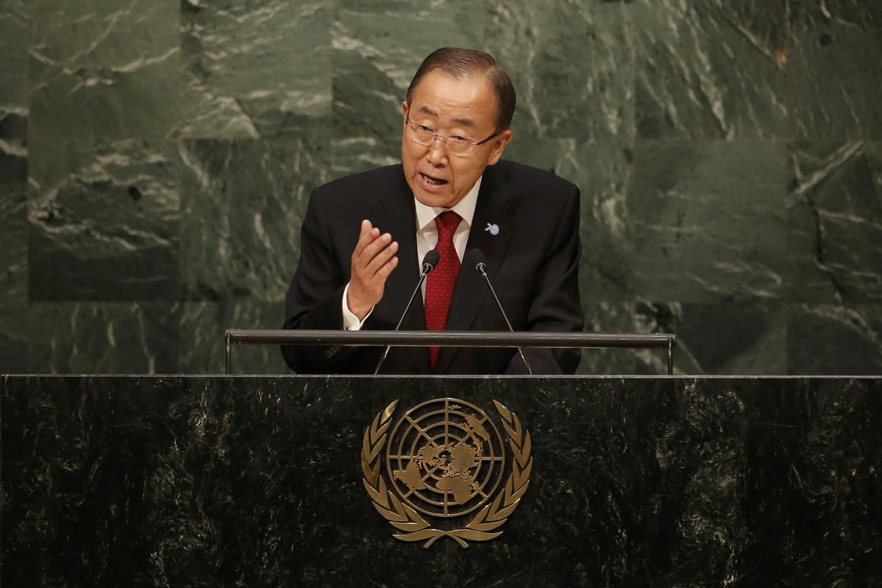 United Nations Secretary General Ban Ki-moon addresses attendees during the 70th session of the United Nations General Assembly at the U.N. Headquarters in New York, September 28, 2015.  REUTERS/Mike Segar