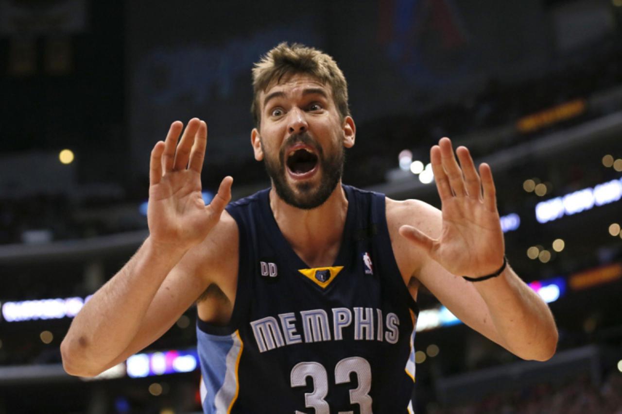 'Memphis Grizzlies Marc Gasol of Spain protests a foul during Game 2 of their NBA Western Conference Quarterfinals basketball playoff series against the Los Angeles Clippers in Los Angeles, April 22, 