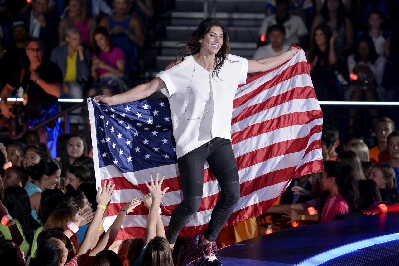 FILE PHOTO: Hope Solo goalkeeper of United States Womens National Team walks on stage  during the Nickelodeon Kids' Choice Sports Awards 2015 at UCLA's Pauley Pavilion in Los Angeles