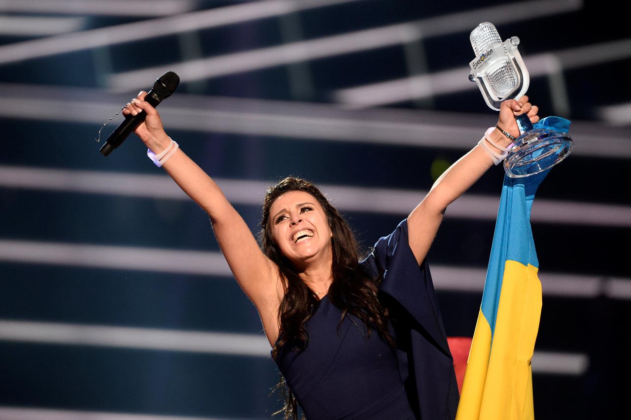 Ukraine's Jamala reacts on winning the Eurovision Song Contest final at the Ericsson Globe Arena in Stockholm, Sweden, May 14, 2016. TT News Agency/Maja Suslin/via REUTERS ?ATTENTION EDITORS - THIS IMAGE WAS PROVIDED BY A THIRD PARTY. FOR EDITORIAL USE ON