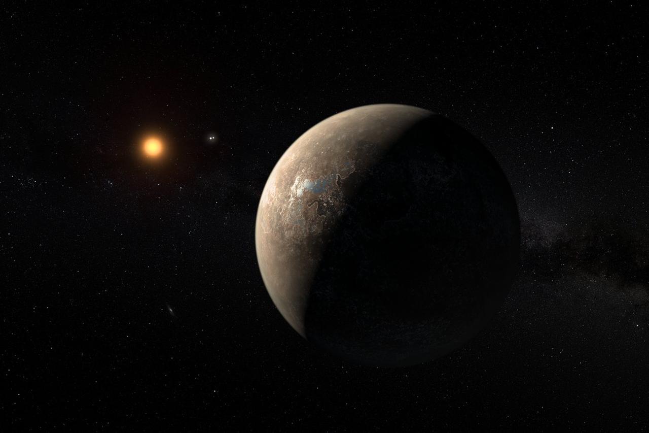 This artist’s impression shows the planet Proxima b orbiting the red dwarf star Proxima Centauri, the closest star to the Solar System. The double star Alpha Centauri AB also appears in the image between the planet and Proxima itself. Proxima b is a littl