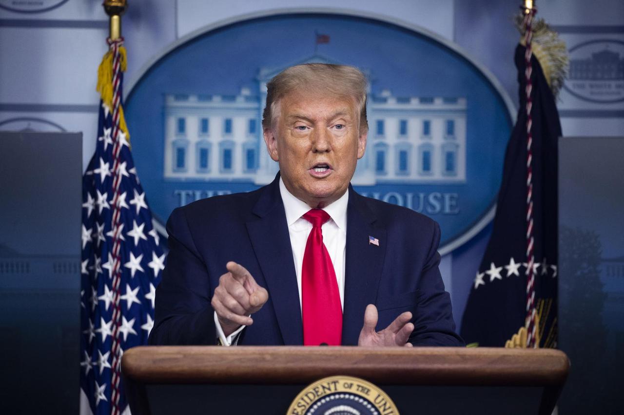 US President Donald J. Trump holds a news briefing in the James Brady Press Briefing Room of the White House