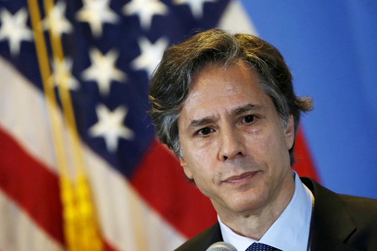 FILE PHOTO: U.S. Deputy Secretary of State Antony Blinken listens to journalists' questions during a news conference, at a hotel in Mexico City